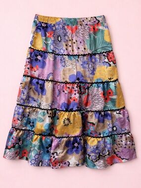Cato Floral Patchwork Satin Tiered Midi Skirt Size M Colorful Boho